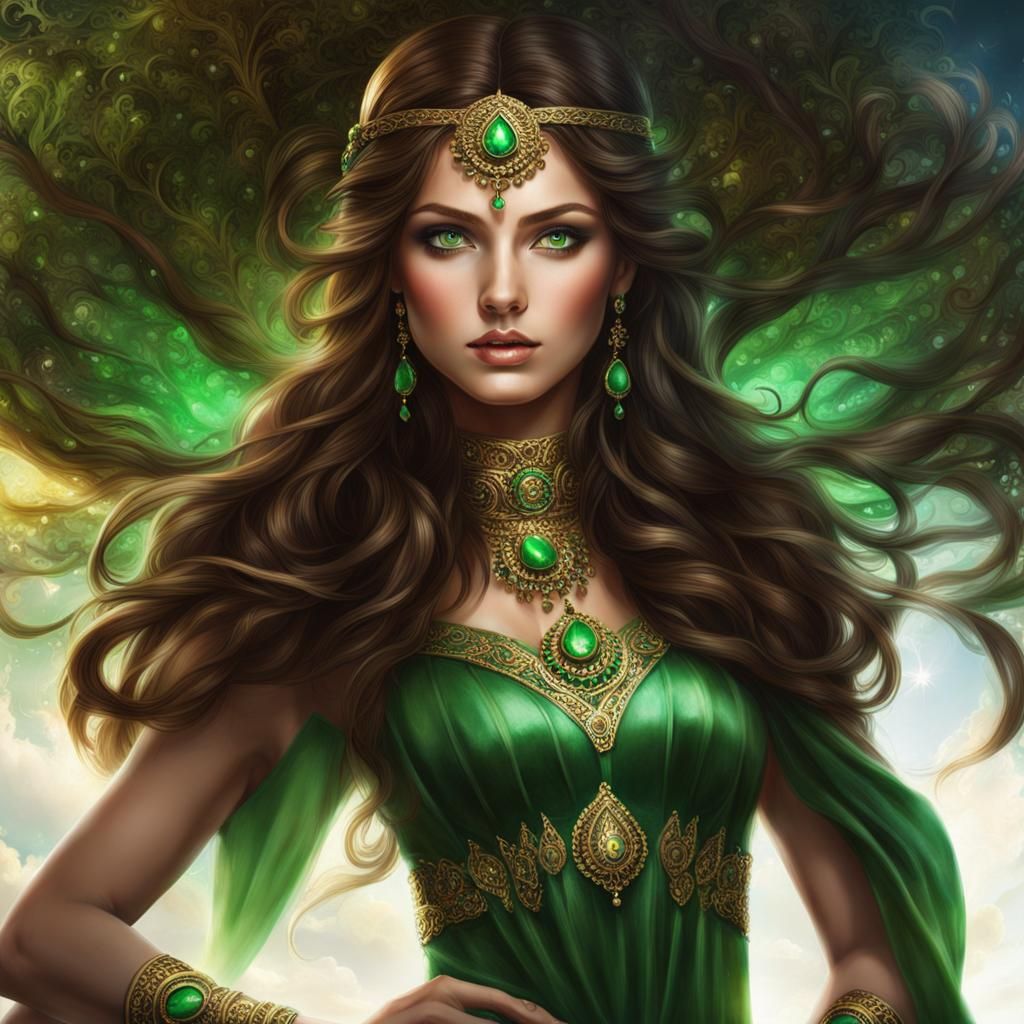 Goddess with brown hair and green eyes