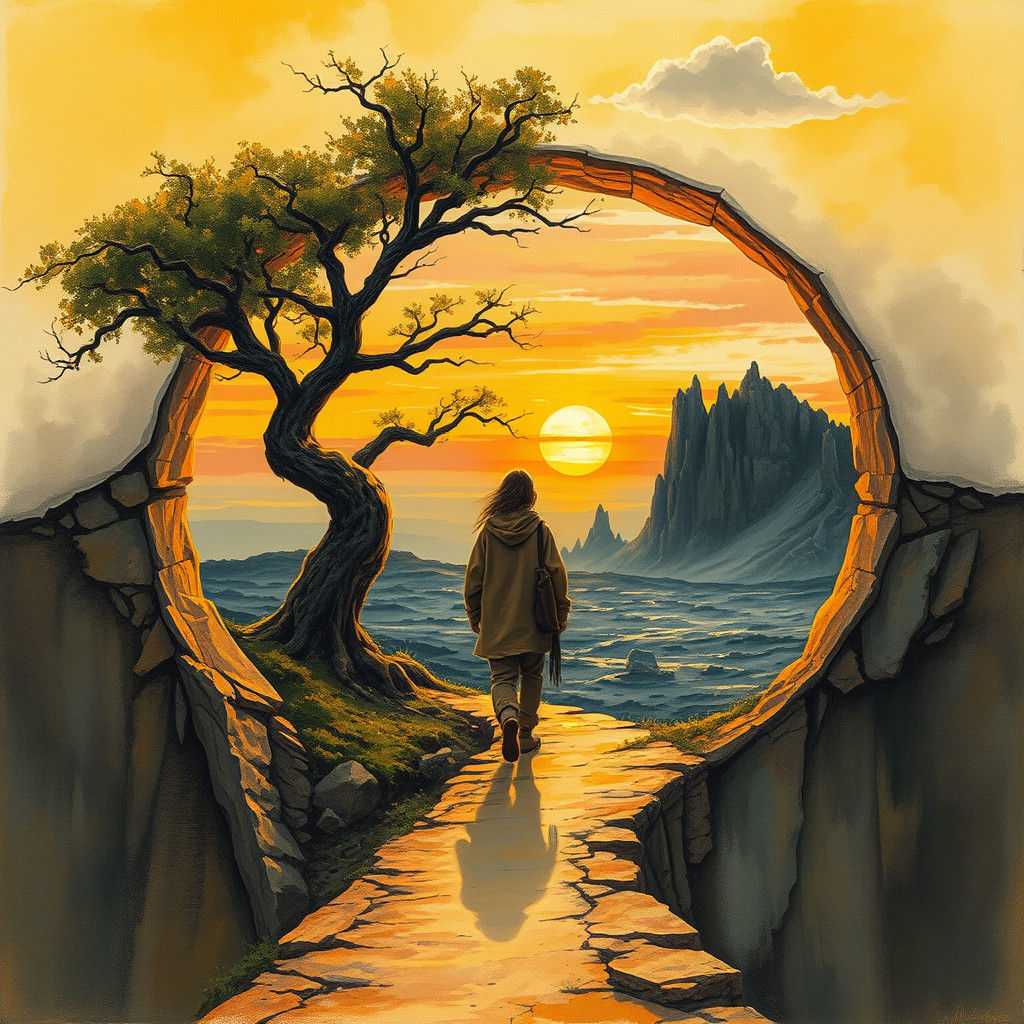 A man walking through a half-circle portal  by @axelb