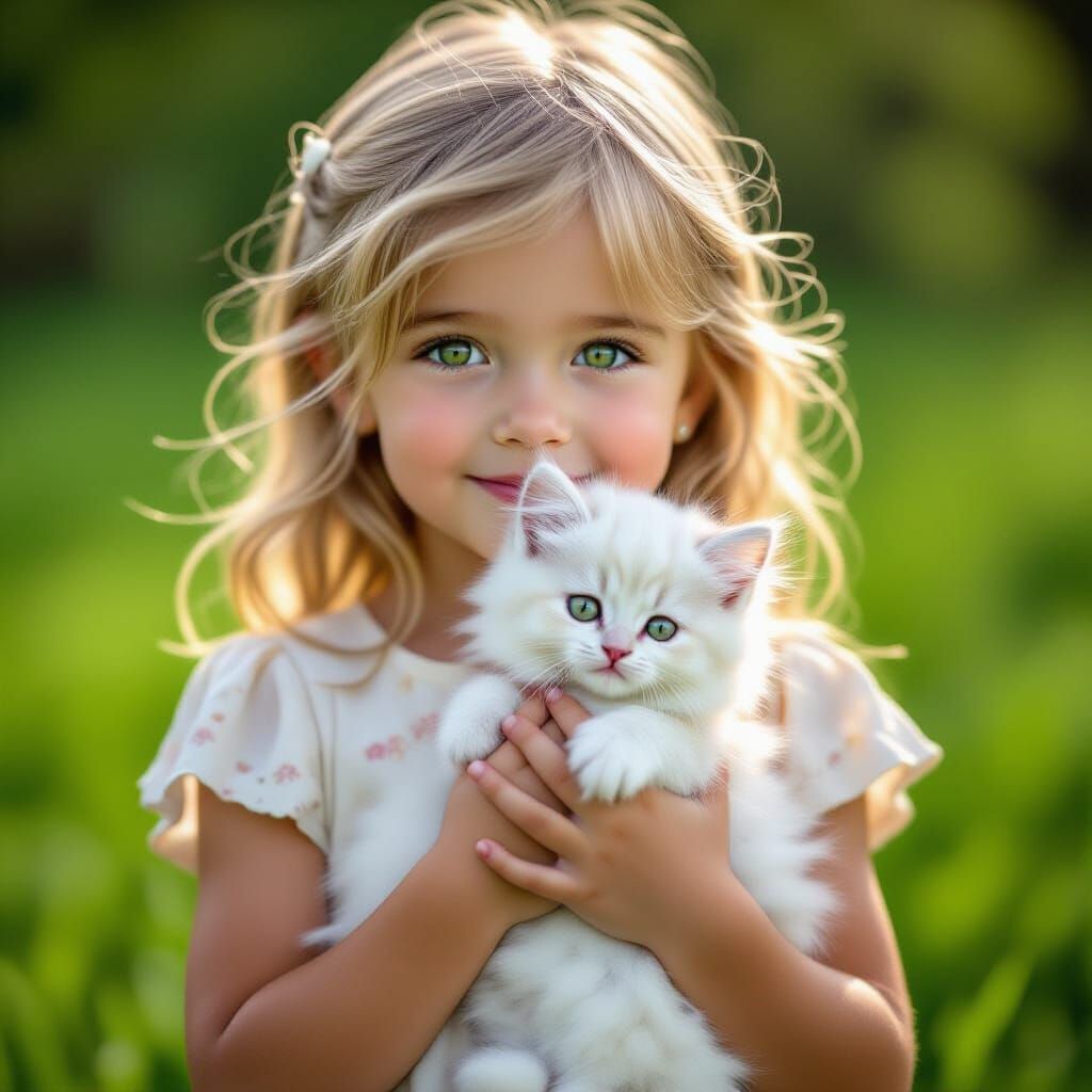 Photorealistic Girl With Blonde Hair Holds White Kitten