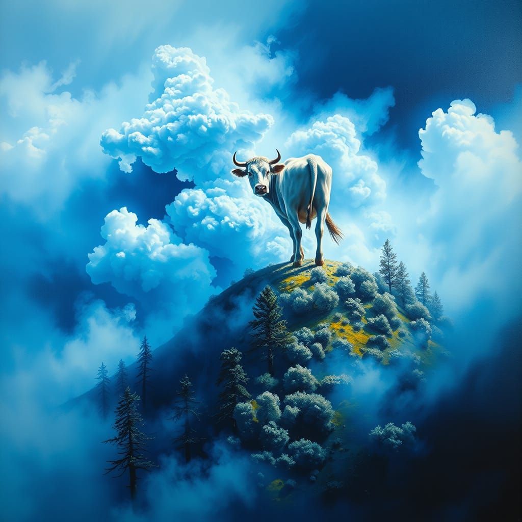 A highly detailed fantasy painting of a midday landscape. Dramatic. A landscape of a hill full of trees in a silvery blue color scheme, abov...