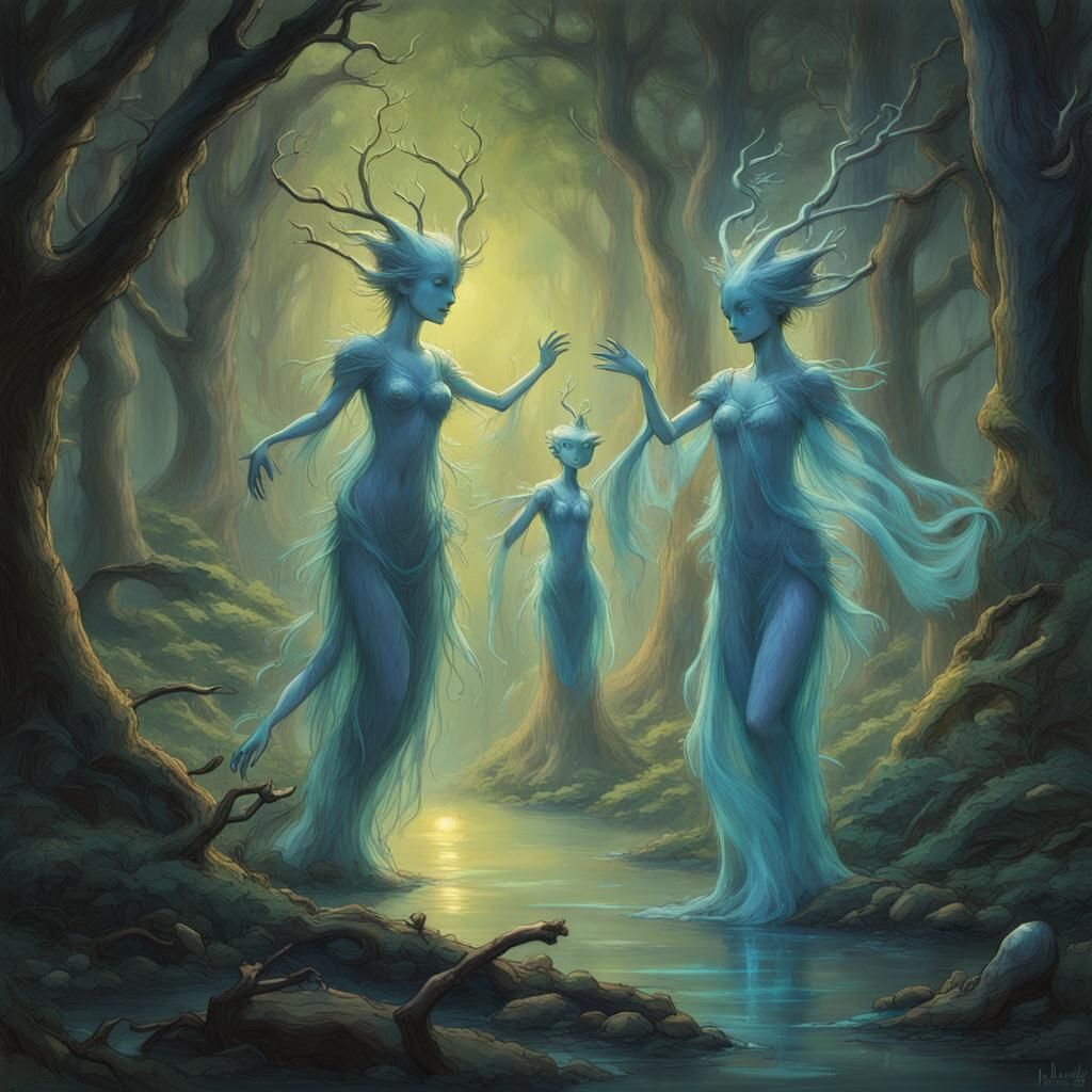 Ancient ethereal forest spirits dance gracefully in moonlit ...