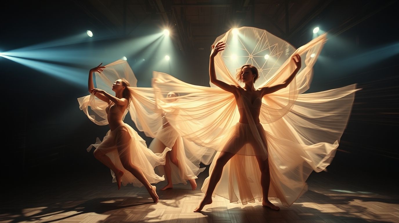 Ethereal geometry dancers performing dimensional rituals