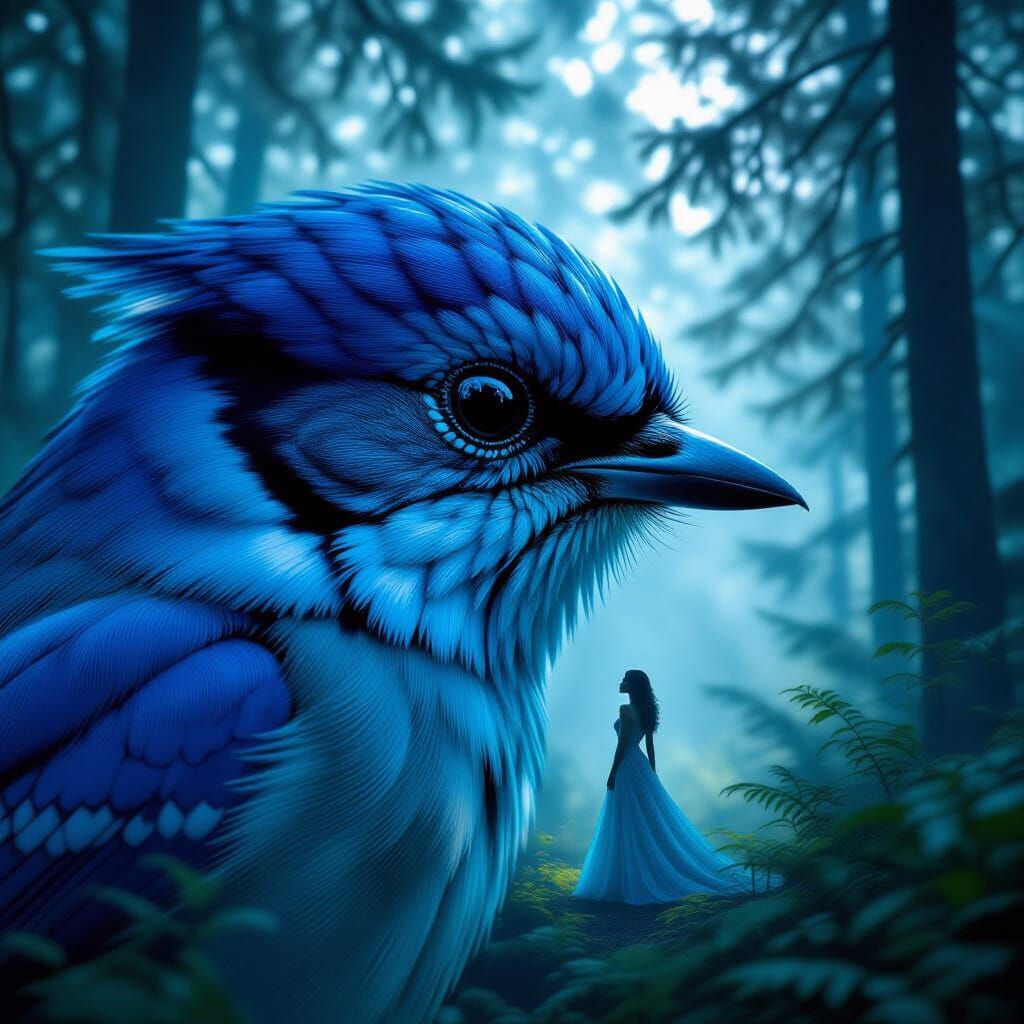 Surreal Double Exposure: Bluebird Face With Woman Silhouette...