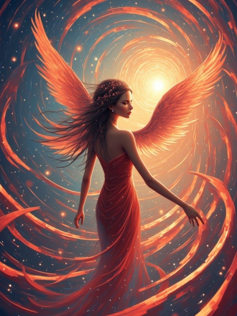 Winged woman floats with spiral red streaks from building connections <lora:Trifecta:1.0>