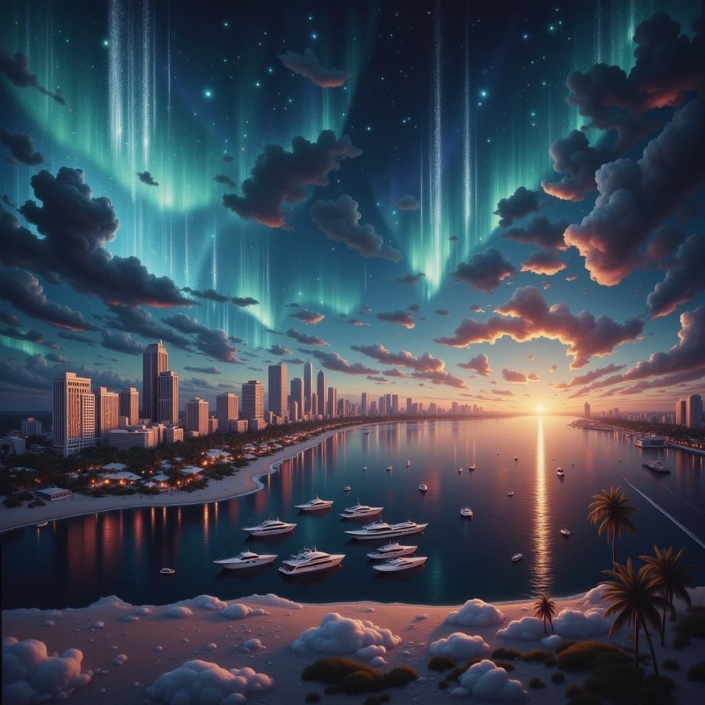 Miami Beach am Strand mit Hotels ,  blaues Meer , in dem Meer spiegeln sich die Yachten.  <lora:Bunte Vielfalt:1.0> <lora:FiosFantasySeashel...