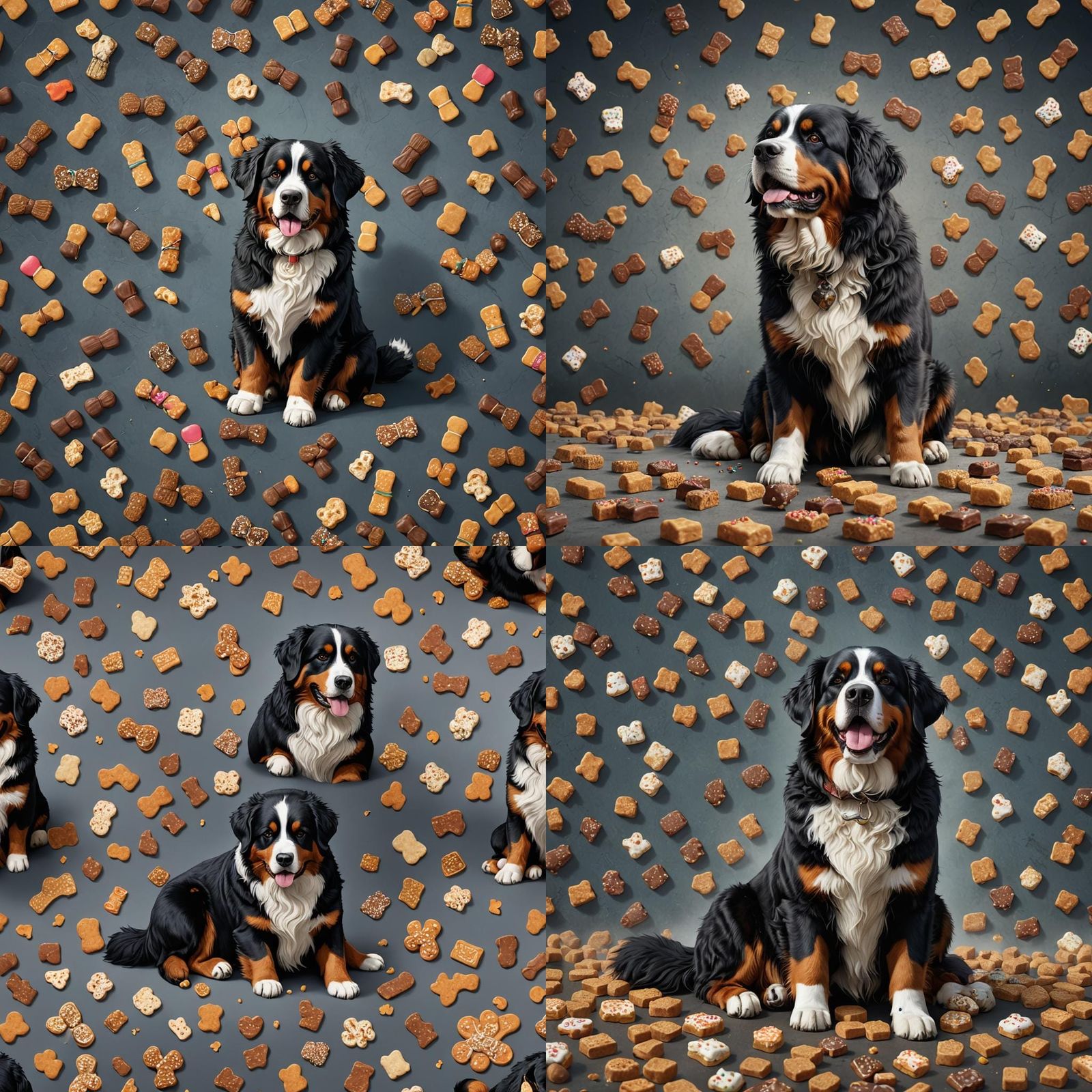 Bernese mountain dog SITTING LOOKING AT DOG TREATS