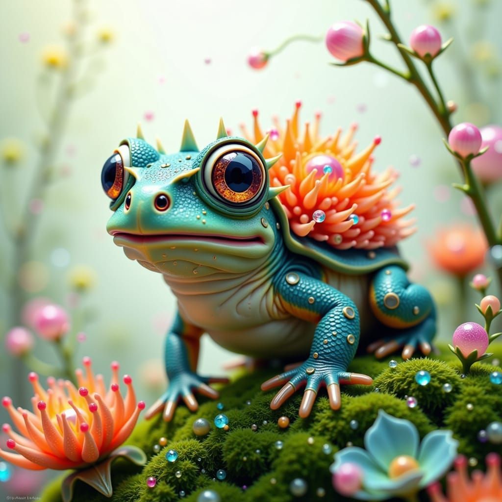 Watercolor on white background. A baby frog-tortoise with coral spines emerges from a mossy background. Whimsical, pastel colors, soft light...