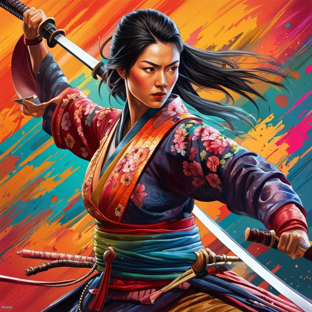 Japanese woman warrior samurai with sword in traditional fighting pose Hyperrealistic, splash art, concept ...  by @XandaPanda