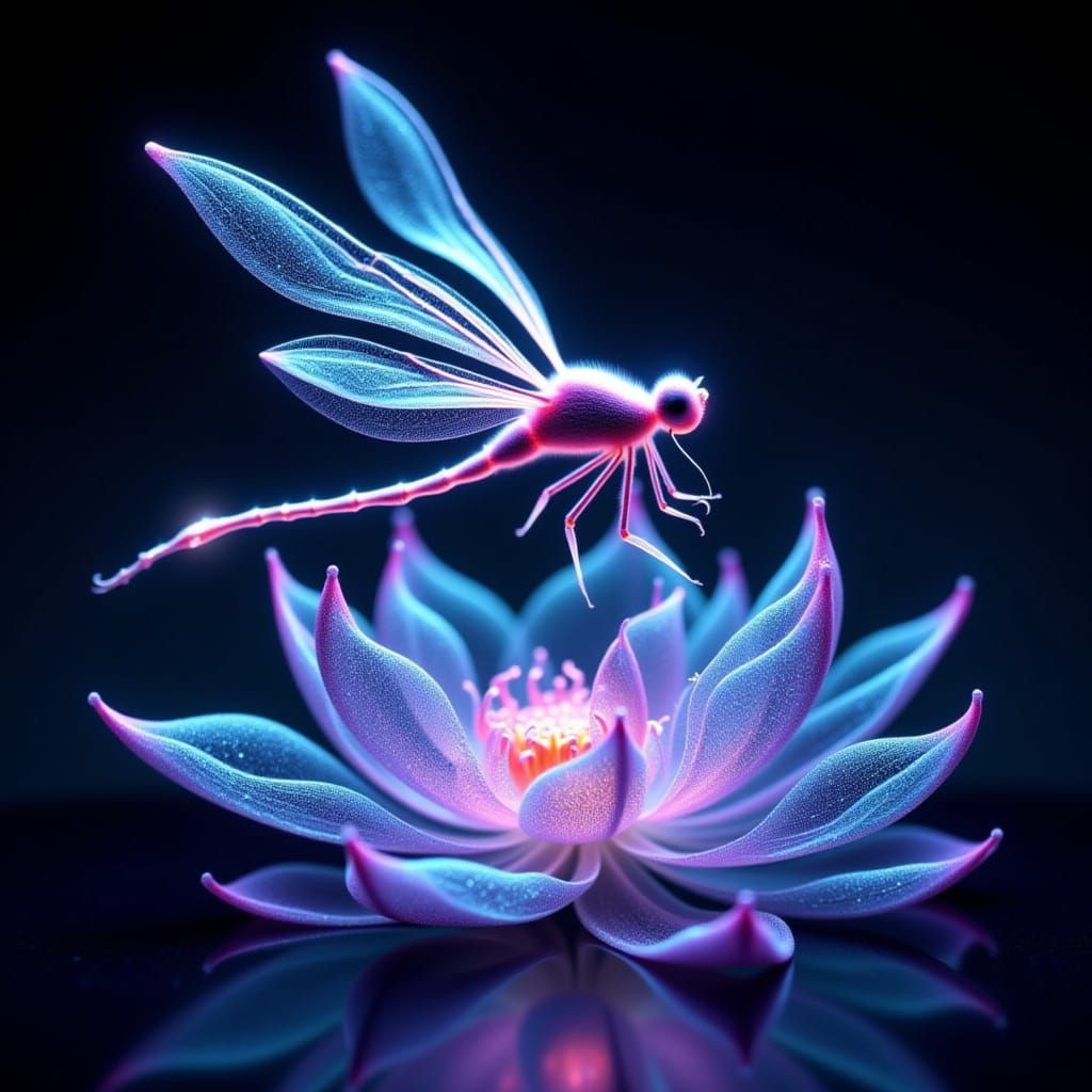 <lora:Glow:1.0> A glowing and shining a dragonfly made of luminescent strings on a lotus made of bioluminescent strings. Computational strin...