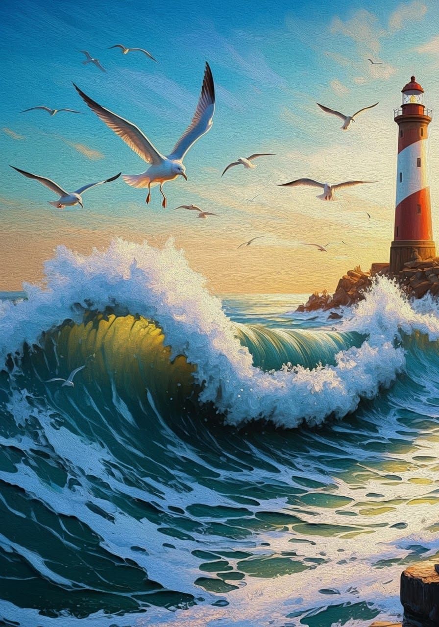 Lighthouse and Seagulls Oil Painting in Hokusai Style