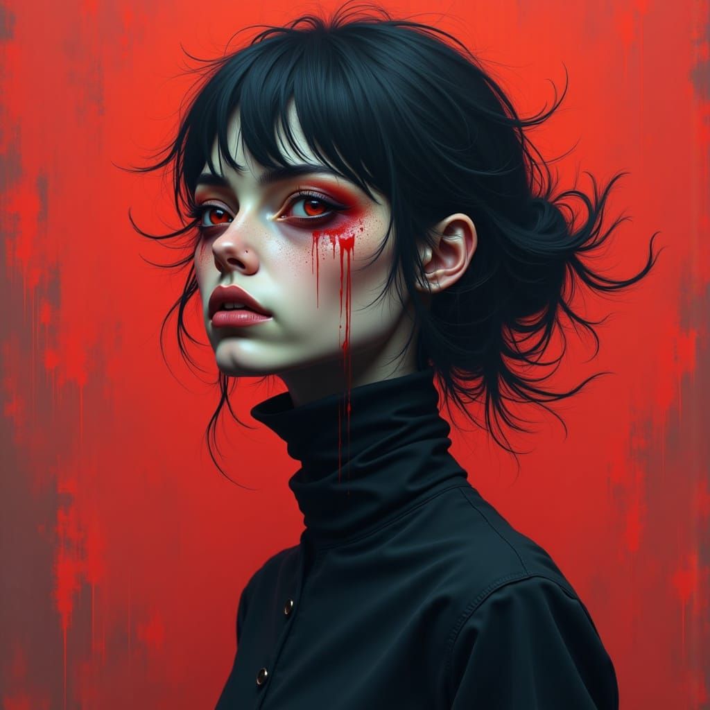 A melancholic portrait of a solitary figure, where flat, vibrant colors shape the background, but gothic, emotional undertones define the s...
