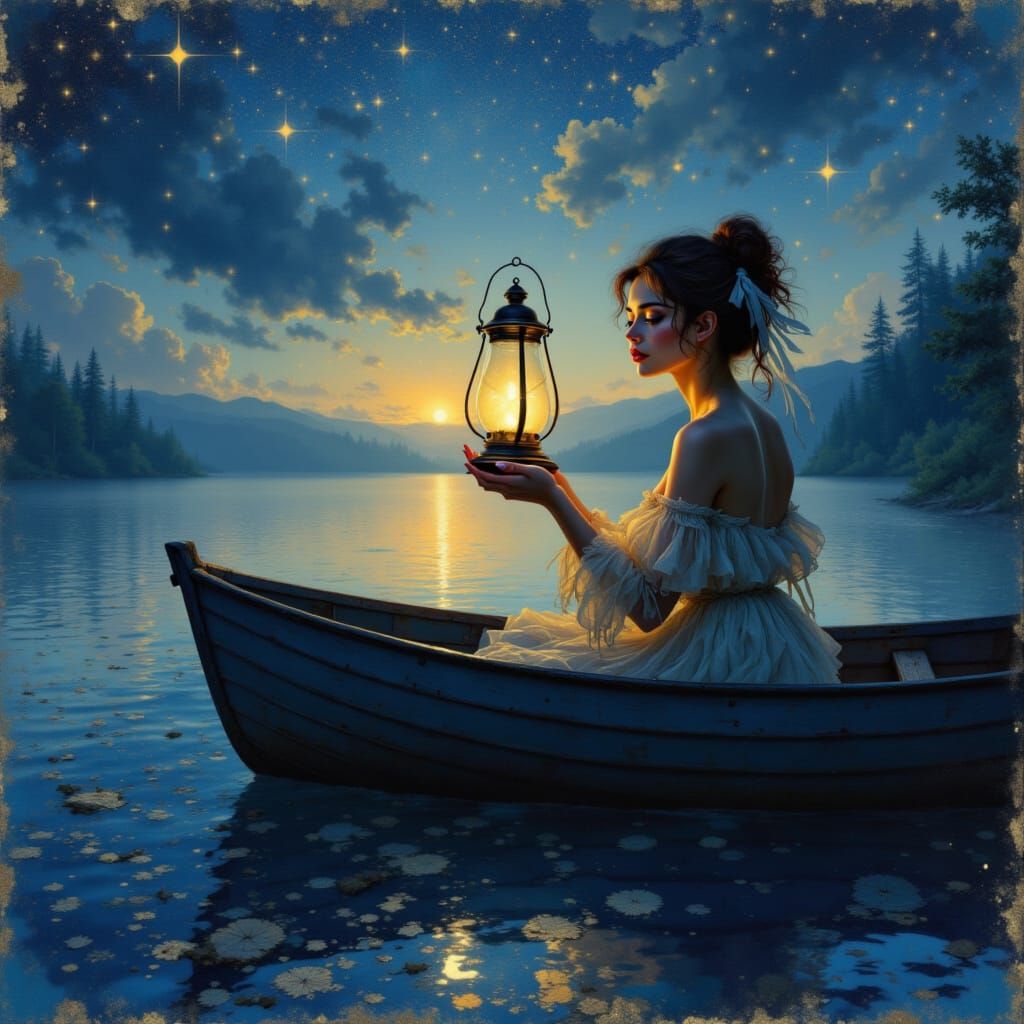 Grieving beautiful woman sitting in a boat holding a lantern, perfect face, starlit lake, atmospheric, breaking dawn, beautiful skies made o...