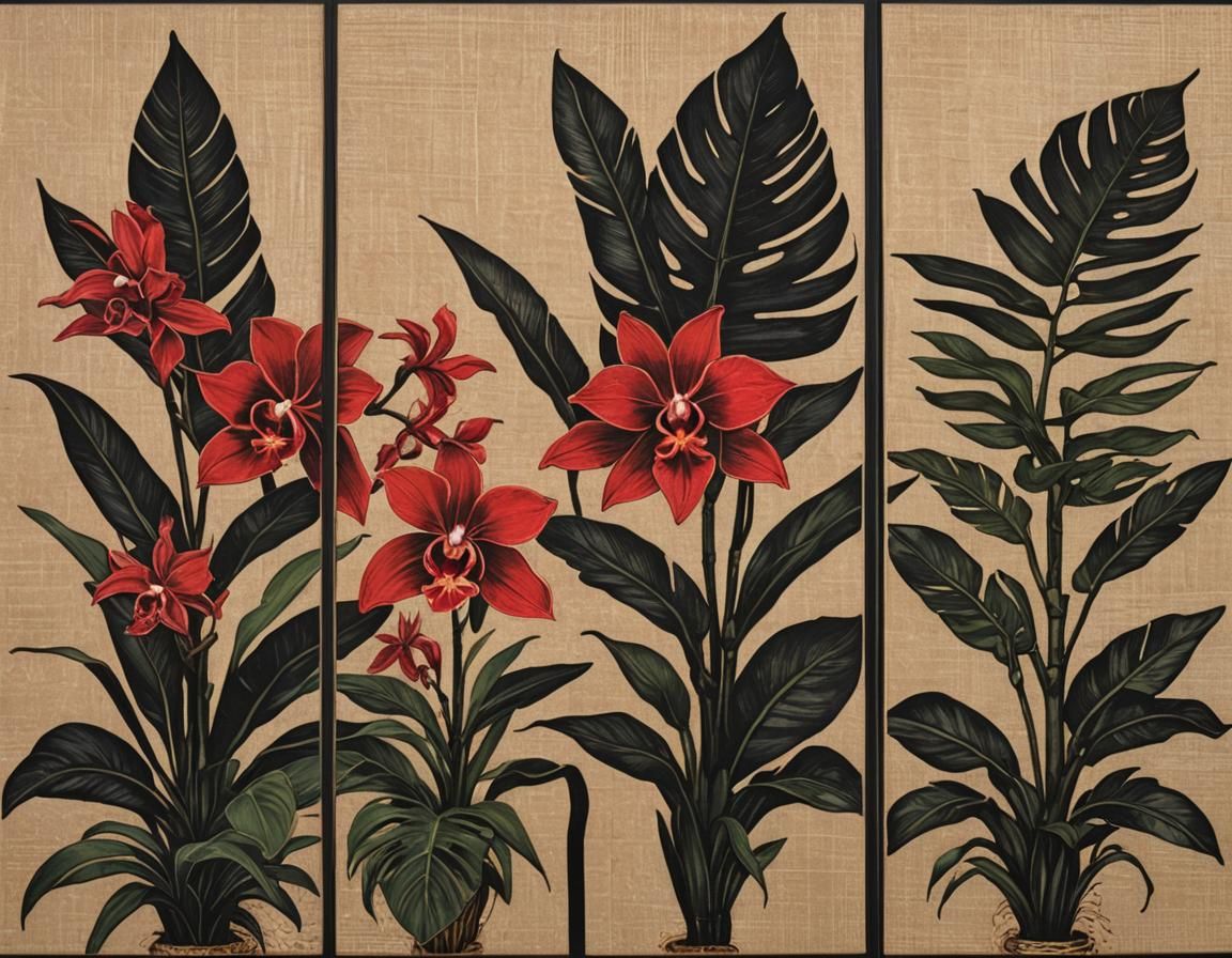 Orchids and Monstera Triptych 