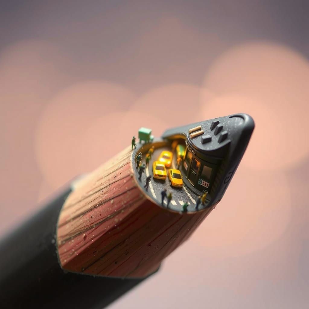 The graphite tip of a massive pencil transforms into a miniature, living diorama of a vibrant, bustling ...  by @Silphir