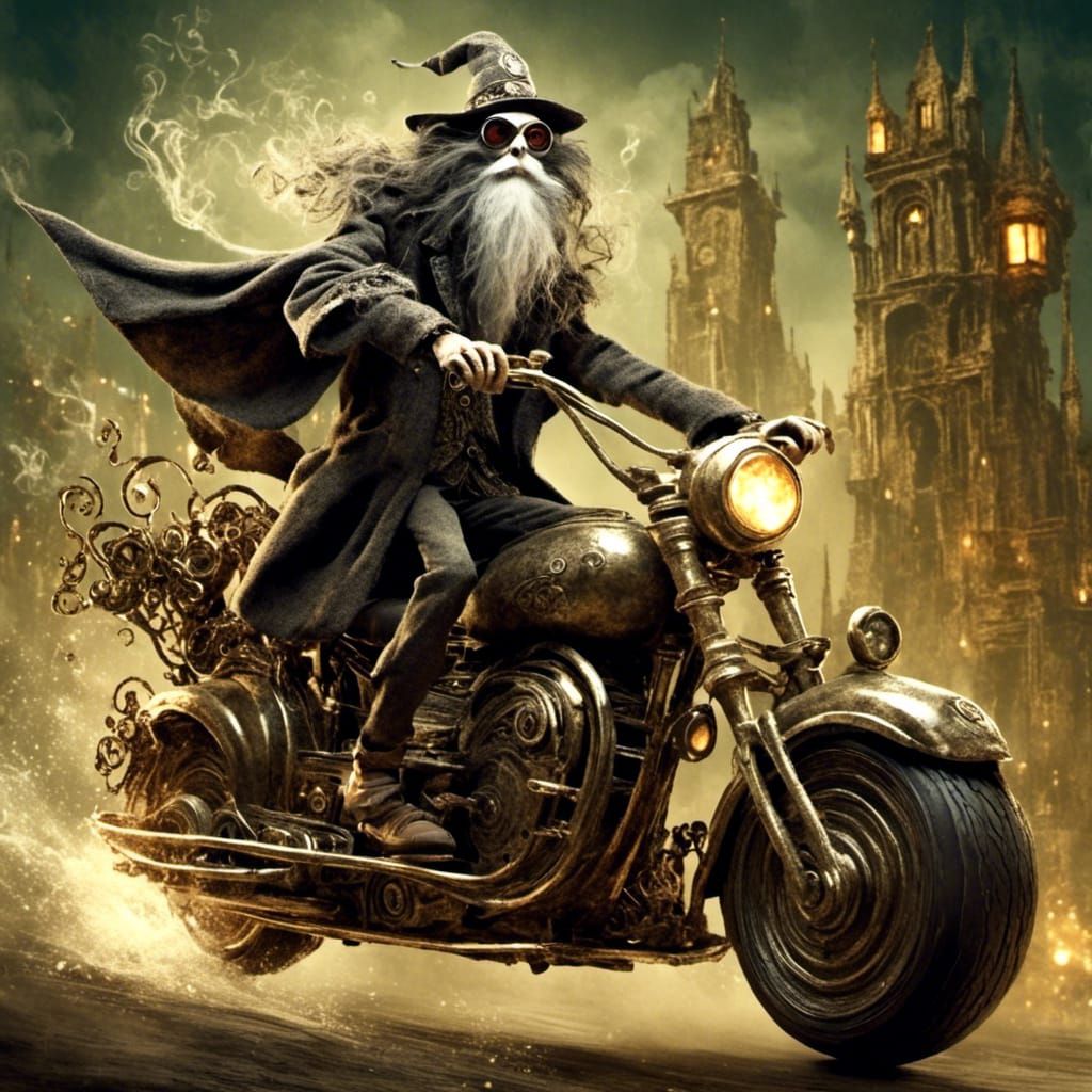 A wizard riding a futuristic motorcycle. <lora:SybilThorn-LORA6:1.0>