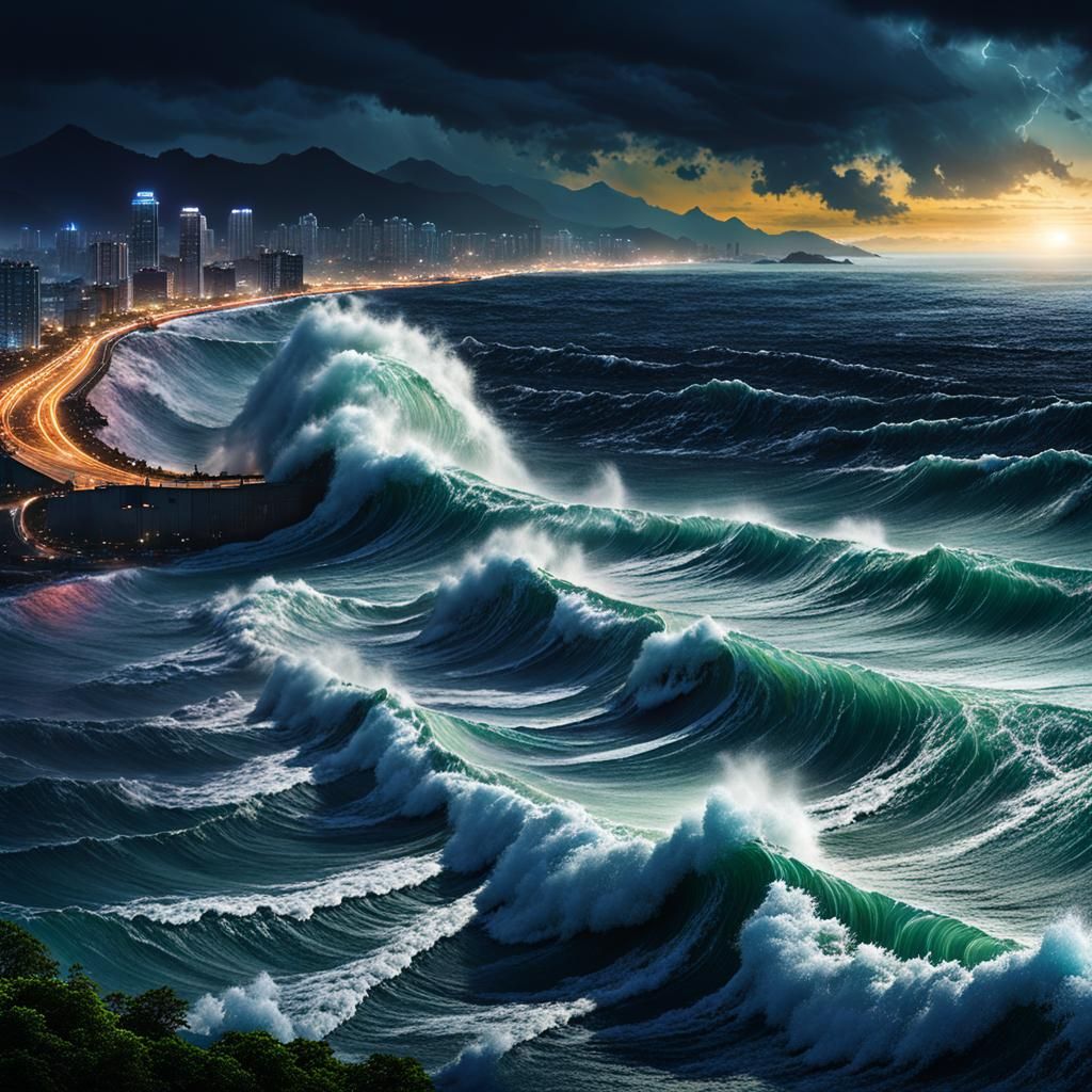 Typhoon Waves Crashing Over Bay at Night