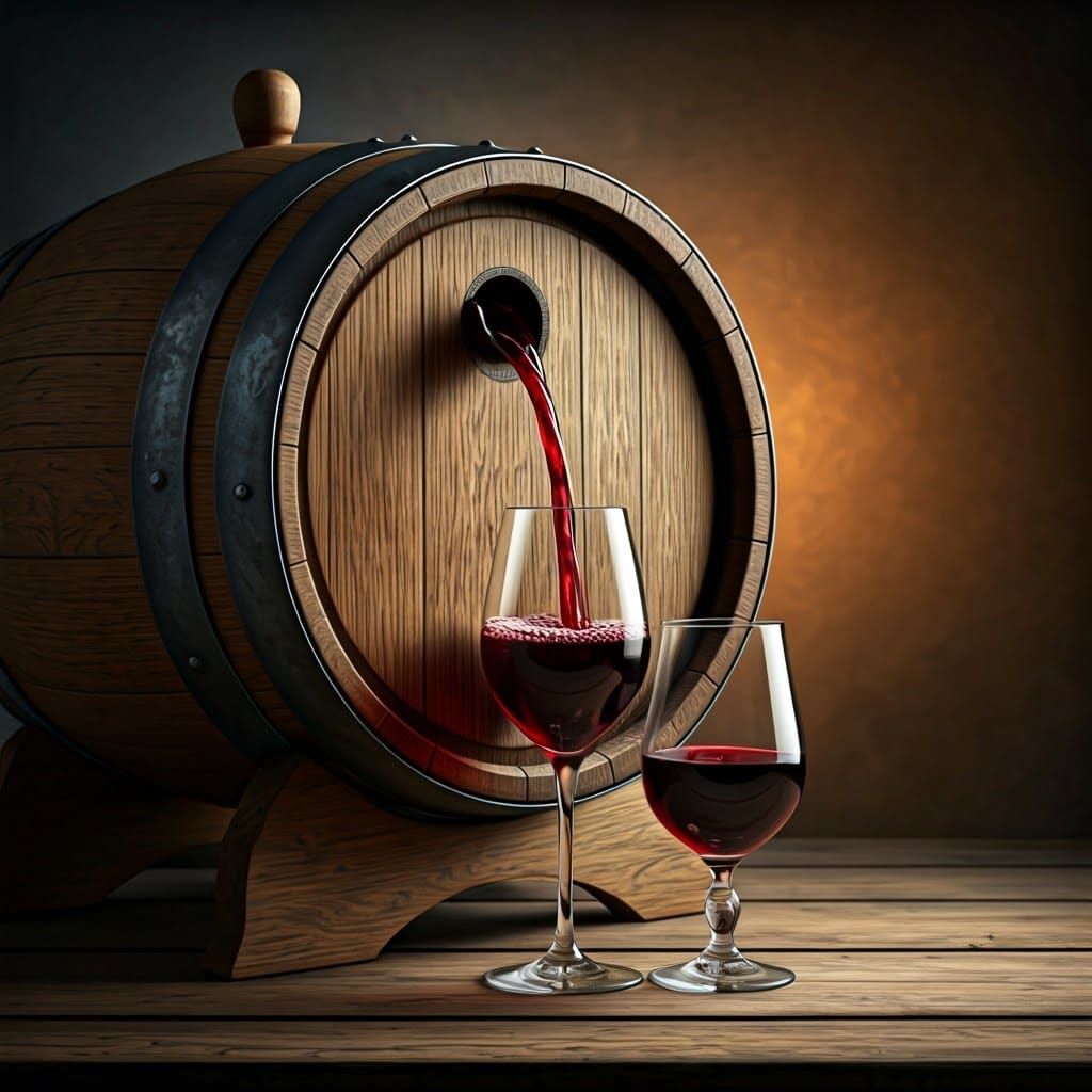 Ornate Wine Barrel with Gentle Wine Flow and Toasting Crysta...