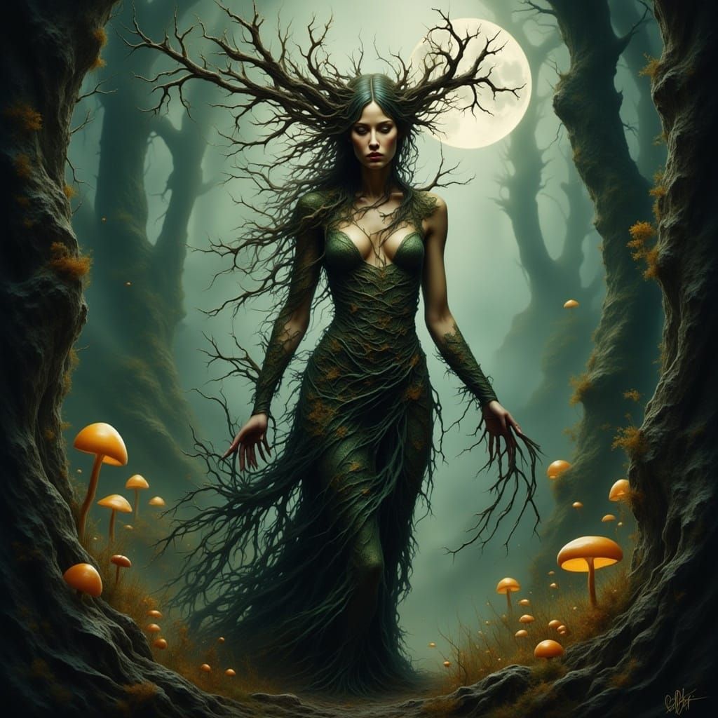 Dark Demisted <lora:Smokey Spring Flux:1.0> Twisted Dryad