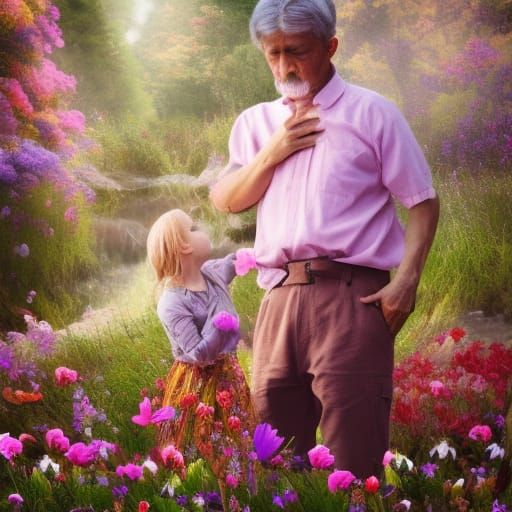 Aged grandfather showing grandaughter beautiful aspects of n...