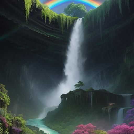 A rainbow over a waterfall surrounded by lush vegetation