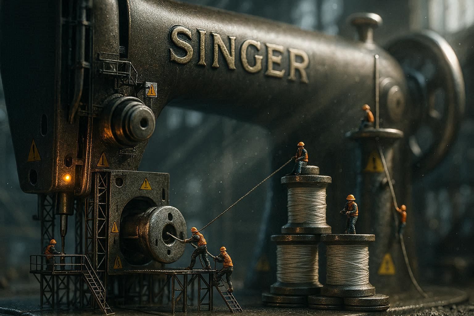 Men at work with cable reels and cotton spools