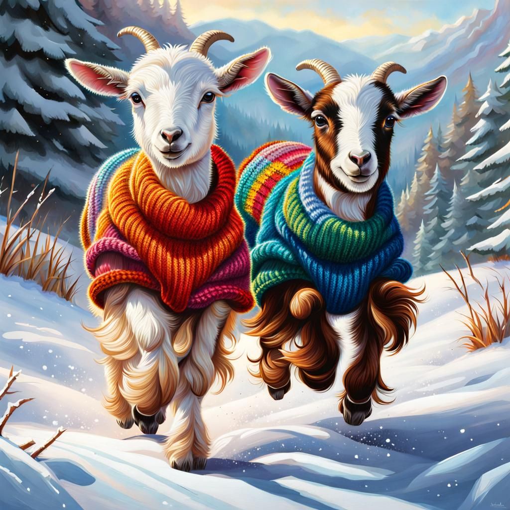 Happy running goats in woolly jumpers  by @Catherine Chittenden
