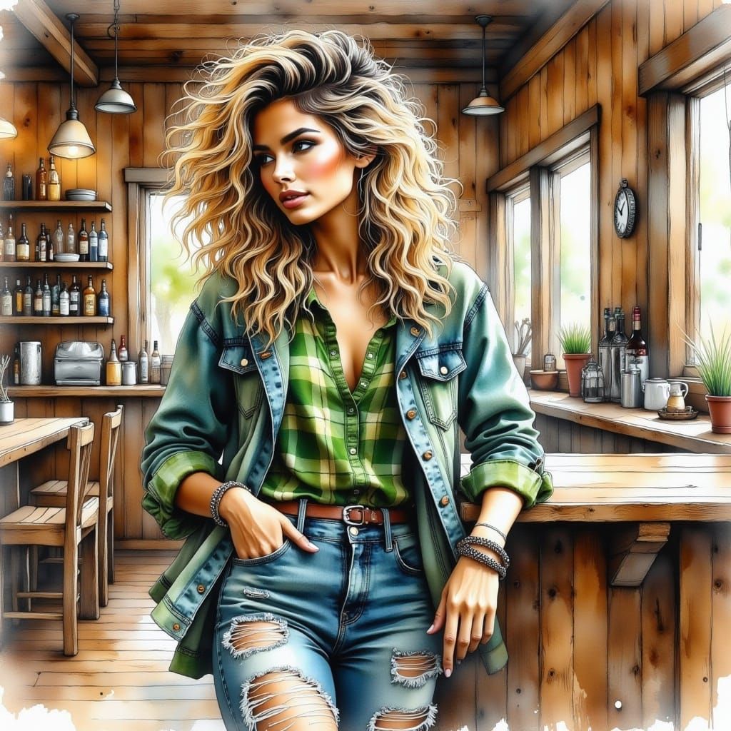 <lora:WatercolorPaintiFlux:1.0> A stunning woman wearing a green plaid shirt, ripped jeans, denim jacket, bracelets, blond hair with frayed...