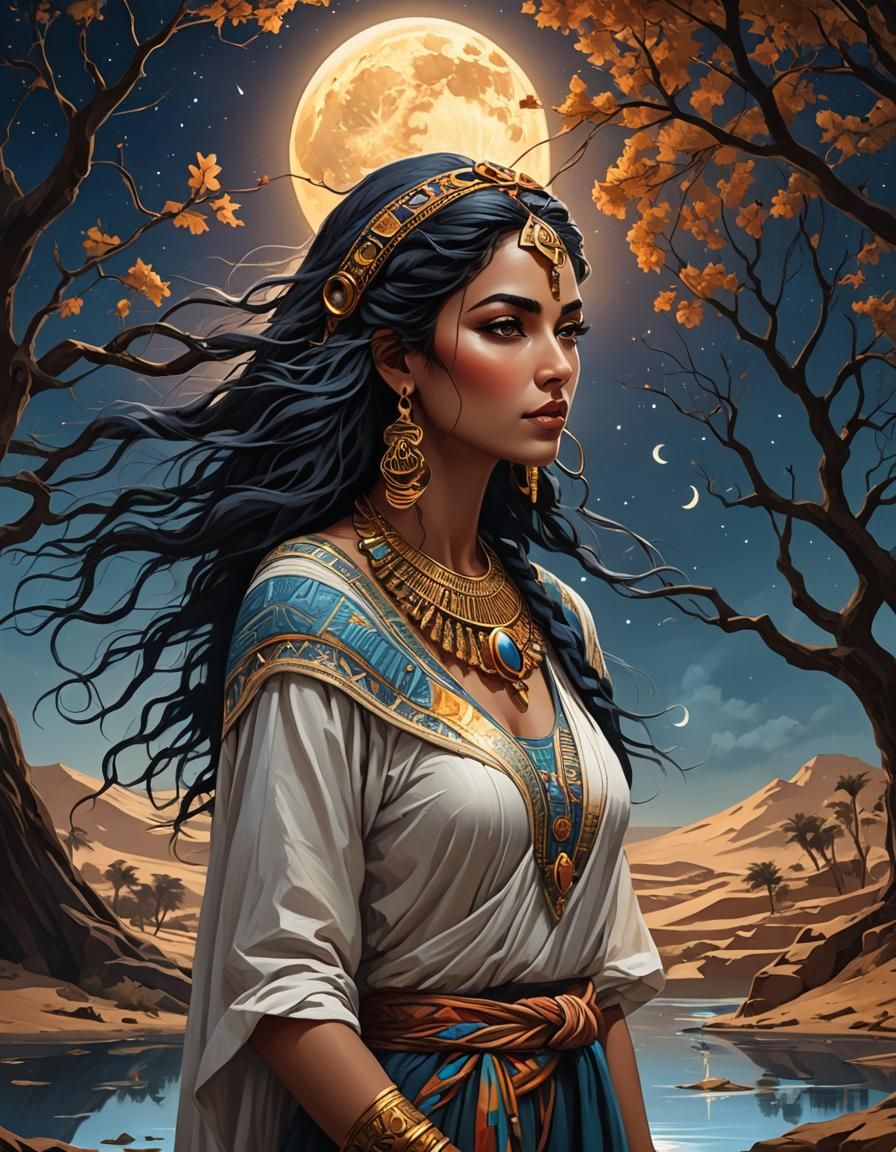 Eclipse of beautiful moon girl, flowing weather,  windy day,...