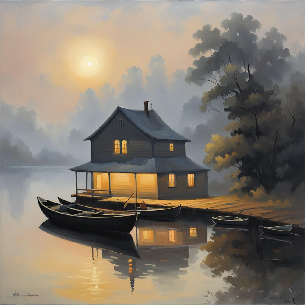 Riverside scene during twilight