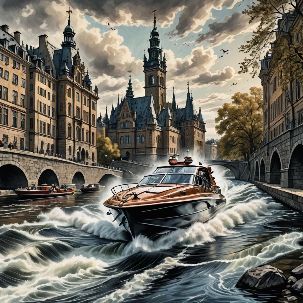 "A Fast Speed Boat on the Stream outside the Royal castle in...