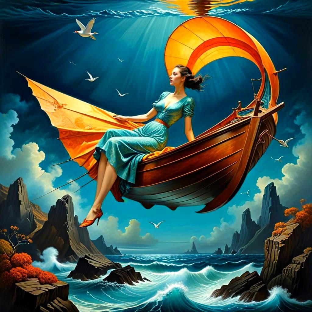 Surreal Seascape with Enchanting Flying Boat Maiden
