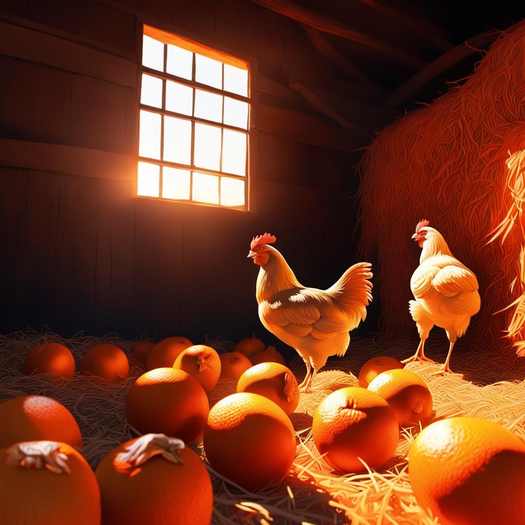 orange chickens laying oranges on darkest orange hay, under ...
