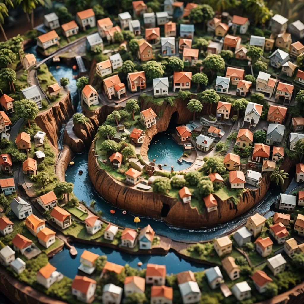 Miniature Cityscape in Coconut Shell: Photorealistic Macro