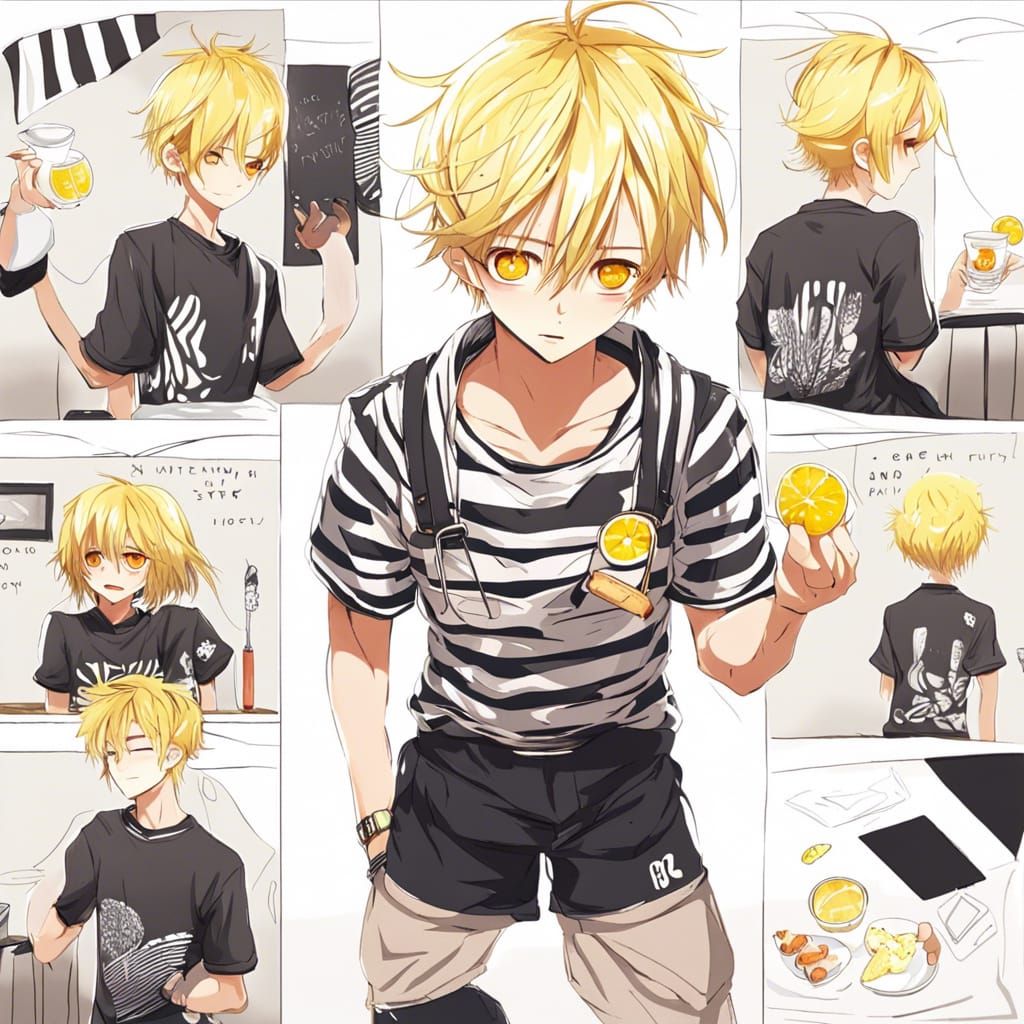 Anime boy yellow hair yellow eyes black and white striped shorts and a ...