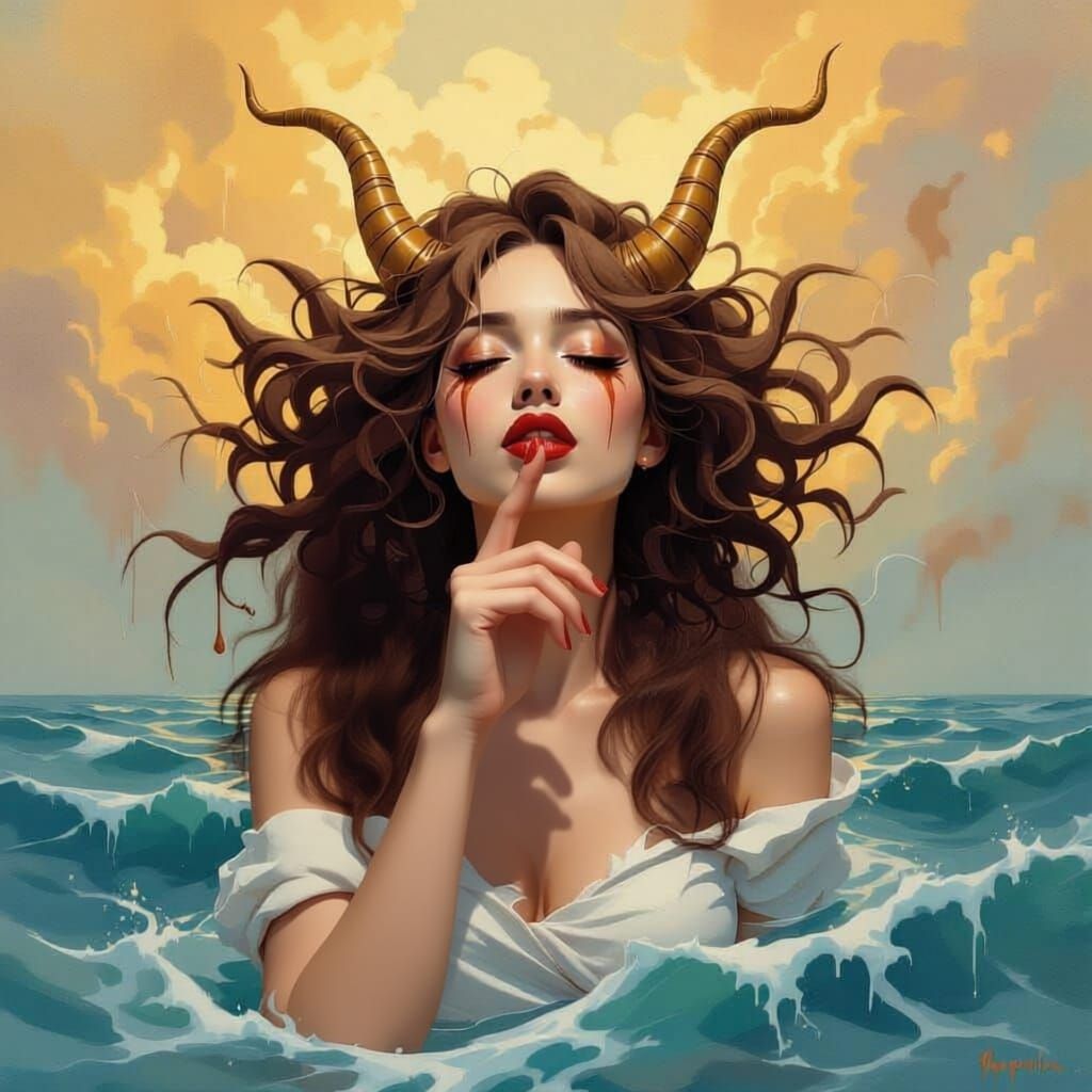 A spectral figure stands in a painterly tempest, seafoam hair billowing like ocean spray against a backdrop of molten canary clouds. Her moc...