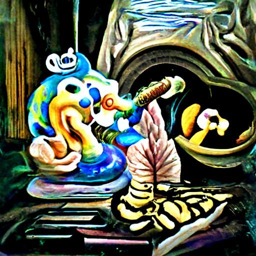Blue caterpillar smoking on a mushroom