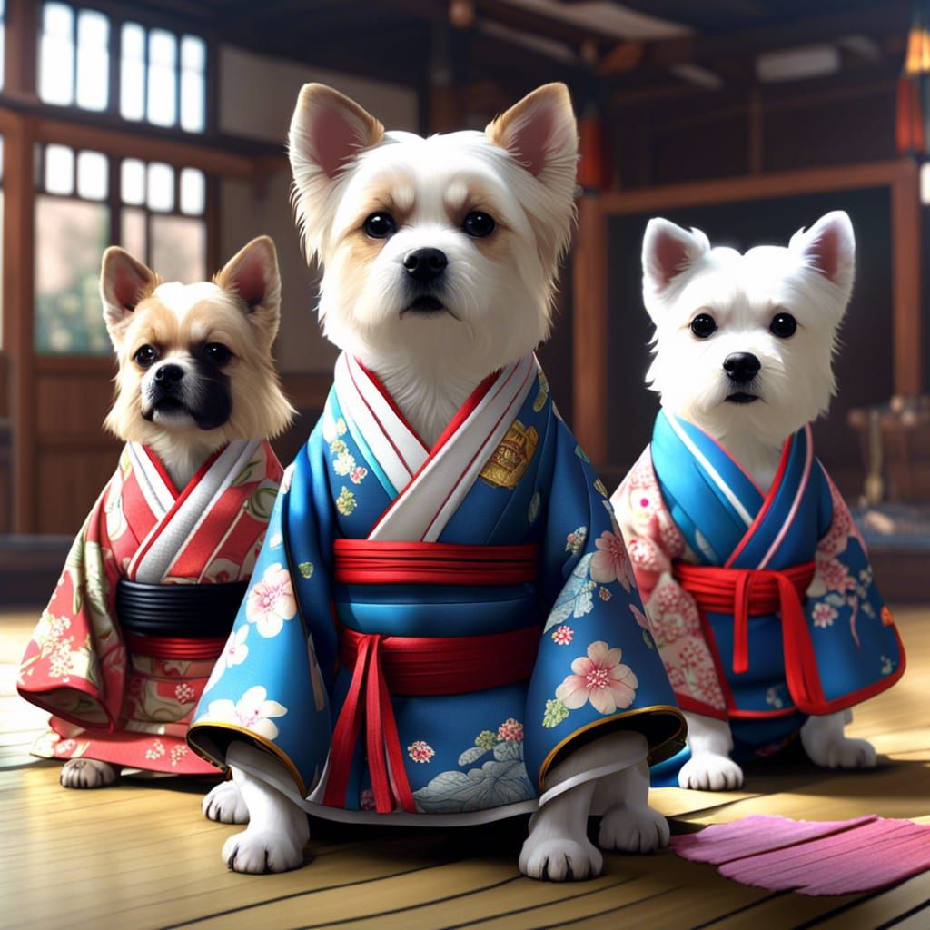 Cute dogs dressed in karaté  kimono training karate / "detailed lovely beautiful  detailed matte painting, ...  by @curiouscat 