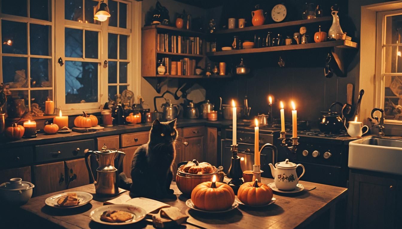 eerie painting at night of an autumn theme, a cozy cottage kitchen, candles, pumpkin, halloween, a raven and a black cat being friends, tea...