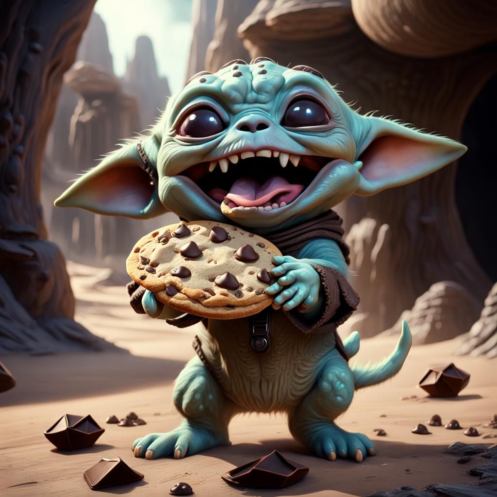 Grogu from Star Wars holding a chocolate chip cookie in its ...