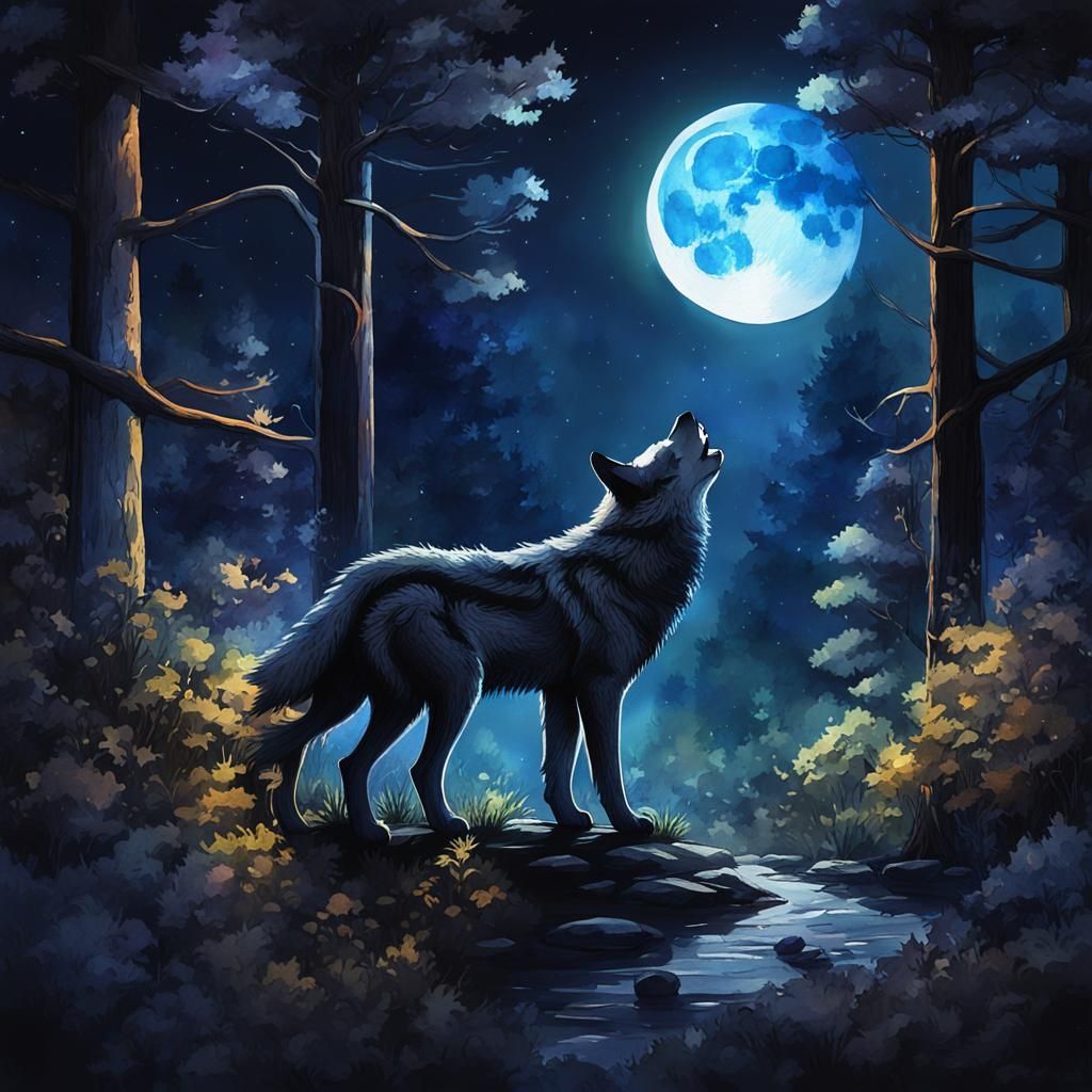 Dark moonlit night with wolf