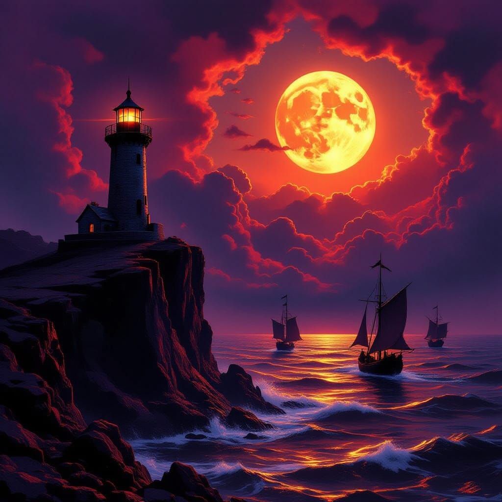 A lone, spectral lighthouse standing on a jagged, obsidian cliff overlooking a sea of molten gold. Ghostly ships sail on the fiery waves, th...
