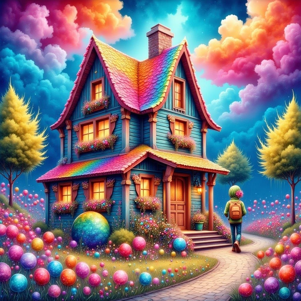 <lora:Cute Vintage flux:1.0> Fantasy, whimsical wonky house ...