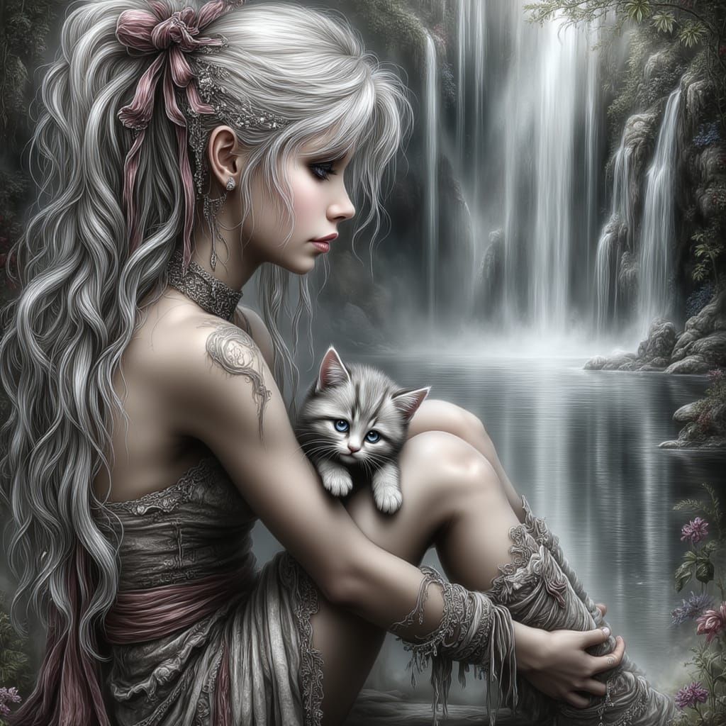 A woman with silver hair, tied up high and decorated with bows. She sits and holds a small cat in her hands. In the background is a small la...