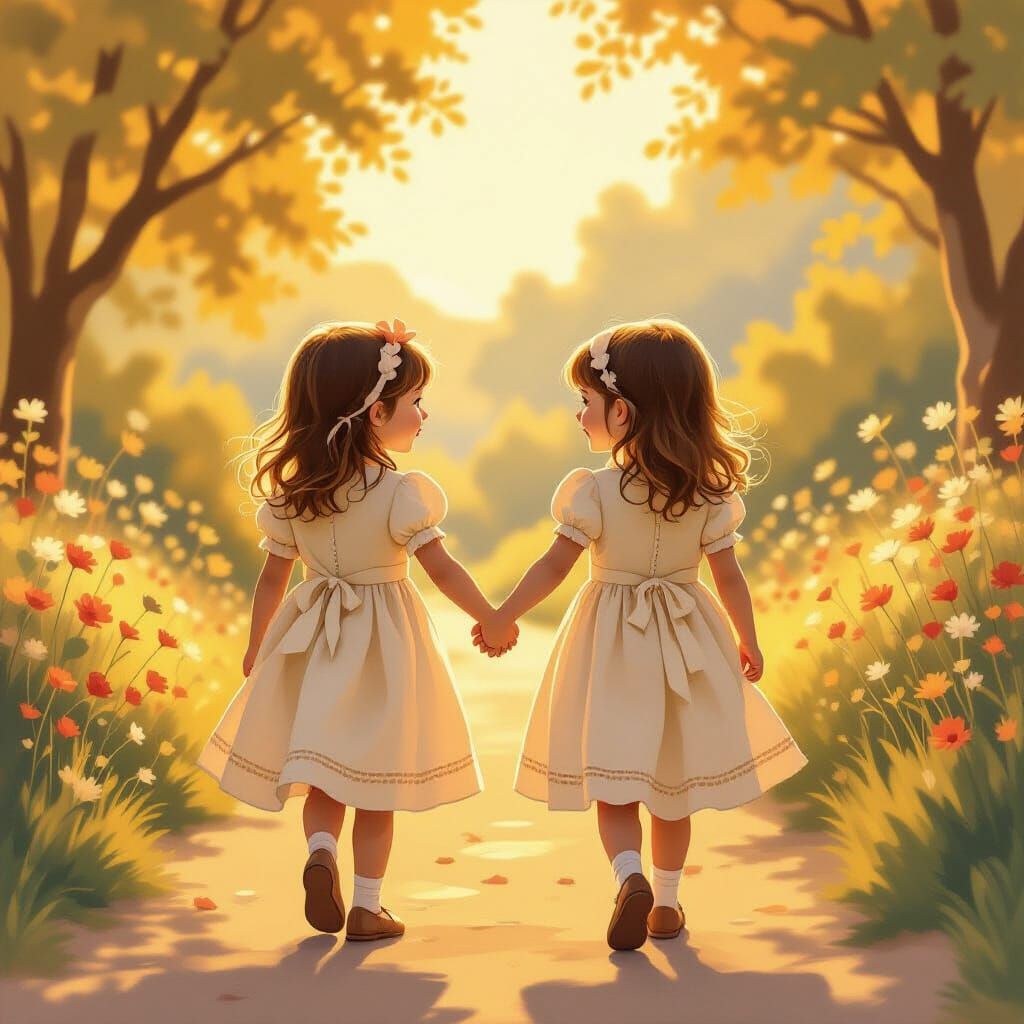 Joyful Girls in Identical Dresses at Golden Hour Sunset