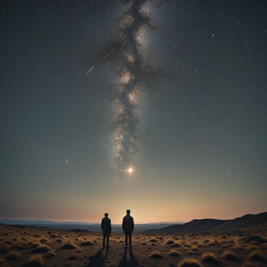 Lone Figure Gazing at Star in Surreal Landscape