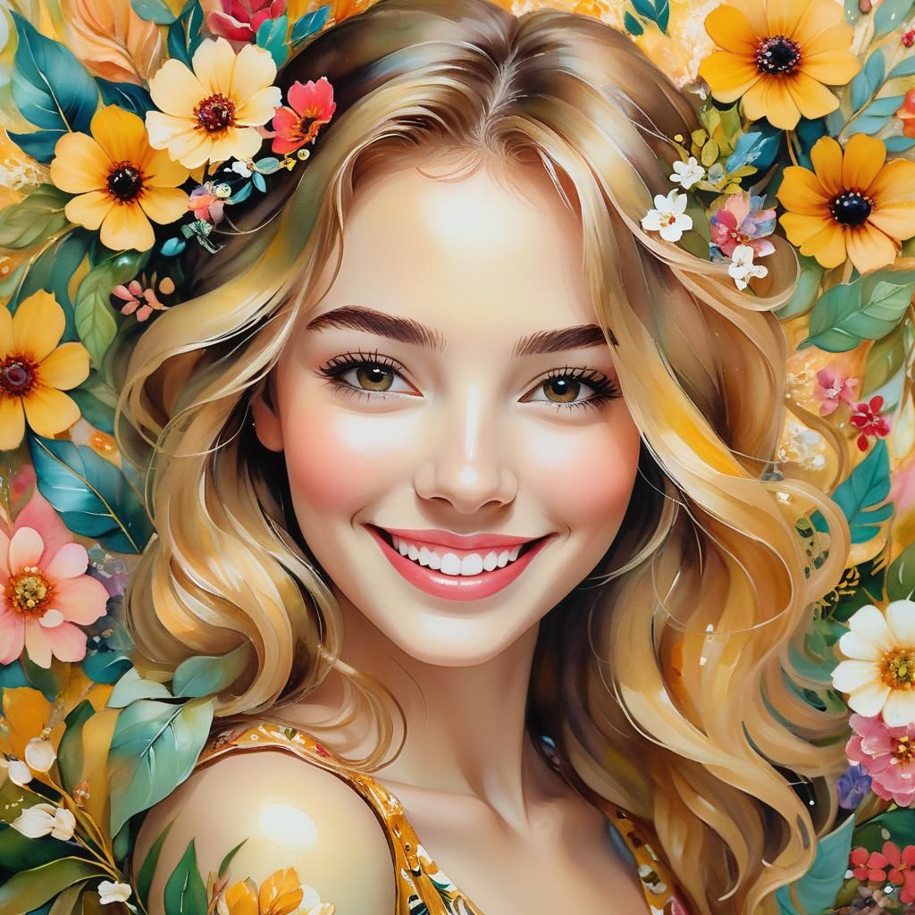 Charming Woman Portrait in Mixed Media Floral Art