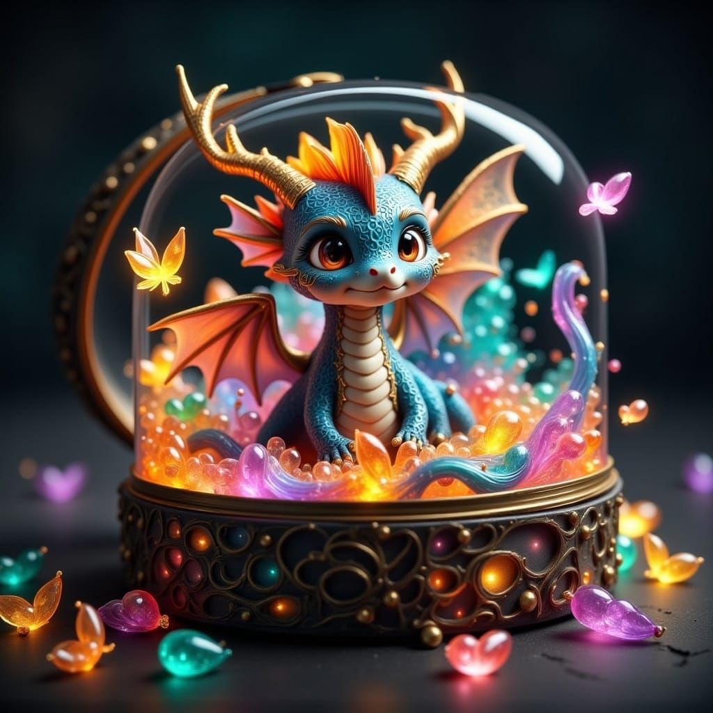 A cute miniature baby dragon sitting in a glass jewelry box overflowing with glowing glass jewelry. in the style of <lora:Flux Hyperreal:1.3...