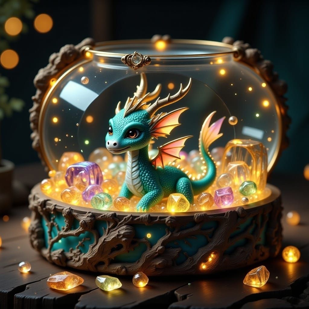 A cute miniature baby dragon sitting in a glass jewelry box overflowing with glowing glass jewelry. in the style of <lora:Flux Hyperreal:1.3...