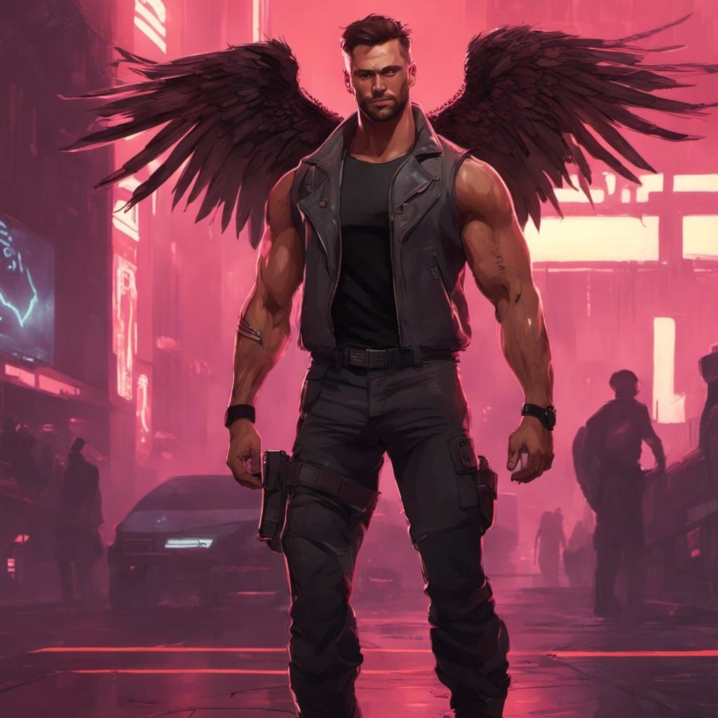 Tan male with black angel wings brown hair, full body muscle Handsome