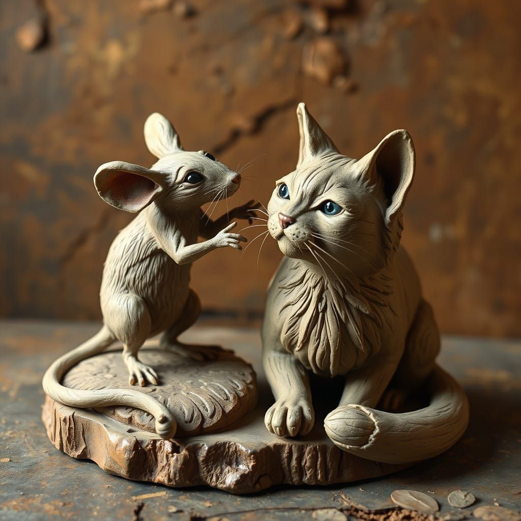 Clay master sculpture of a mice and a cat. 